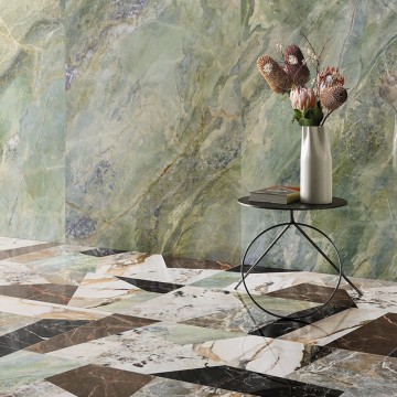 Керамогранит 280x120 Raggio Verde Rett 9Cento лаппатированная зеленый мрамор 6мм Keope Ceramiche