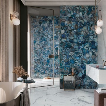 Керамогранит 280x120 Agata Blue Lucido Wanderlust глянцевая бирюзовый узор 6мм Mirage